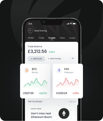 A mobile showing a comparision graph of BTC and ETH trading prices